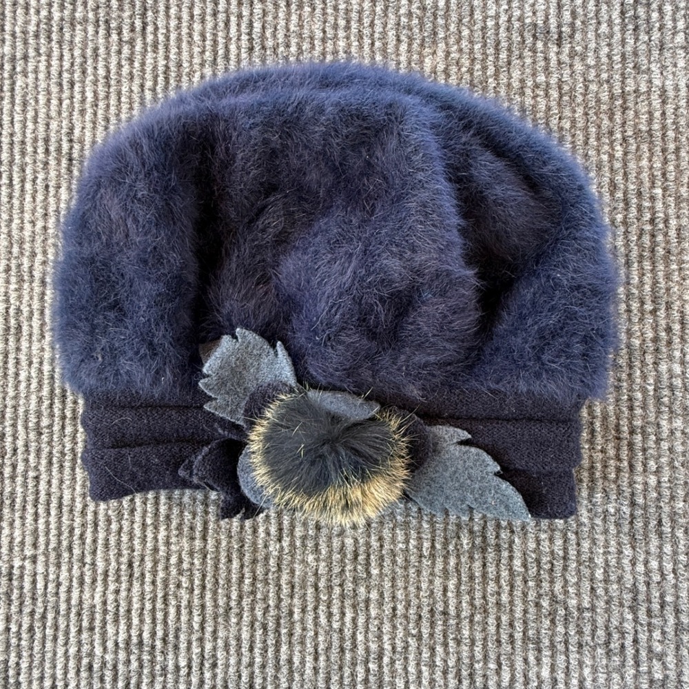 Vintage Navy Blue Fuzzy Angora Style Cloche Hat with Fur Pom and Leaf Detail